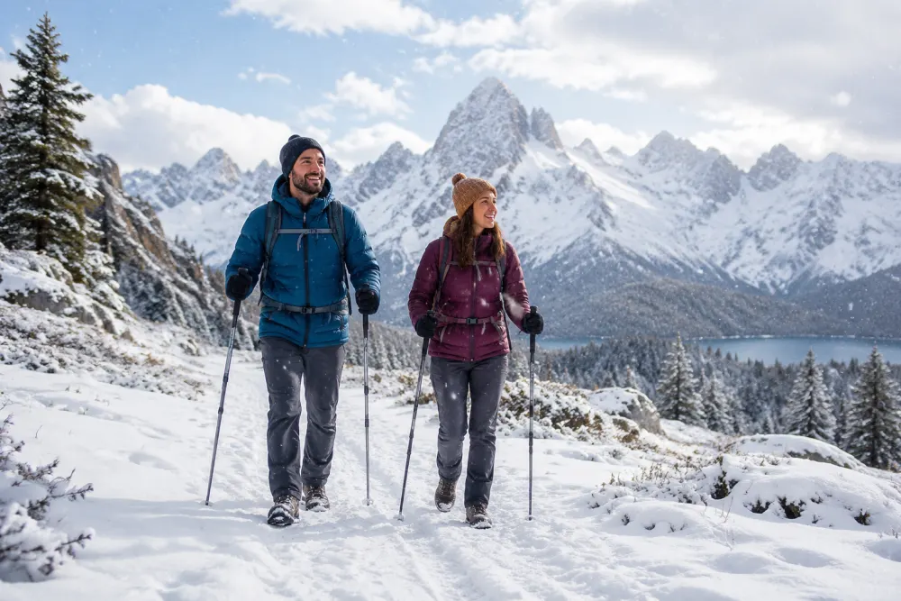 Two hikers walking in snowy mountains