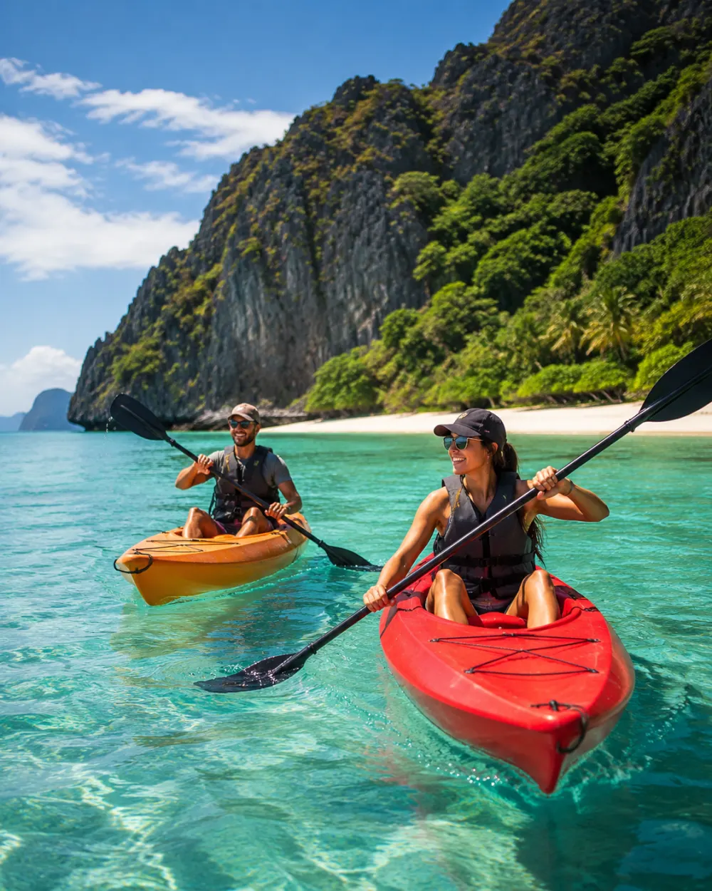 Couple kayaking in clear green water